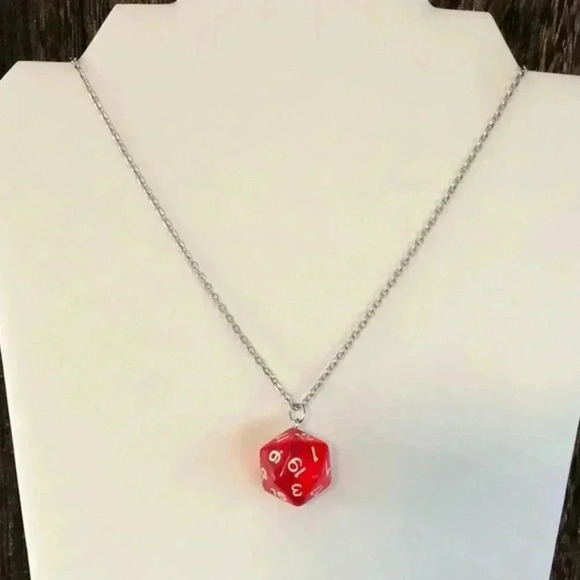 Red 20 Sided Die D&D Dungeons and Dragons Stainless Steel Necklace - Picture 2 of 4